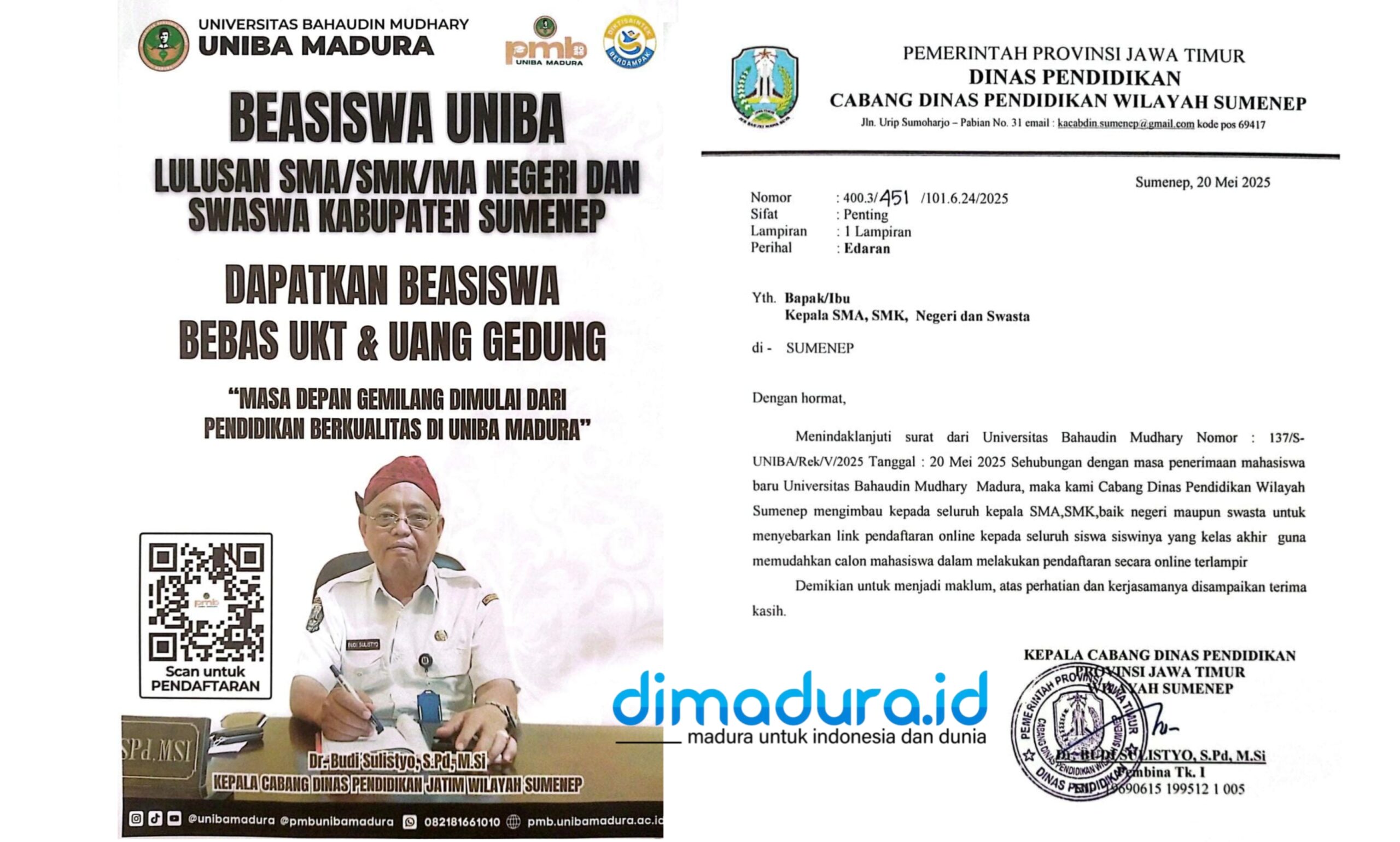Foto Surat Edaran imbauan dan pamflet materi promosi UNIBA Madura oleh Kepala Cabang Pendidikan Provinsi Jawa Timur Wilayah Kabupaten Sumenep, (20 Mei 2025). (Foto: Ari/Doc. Dimadura).