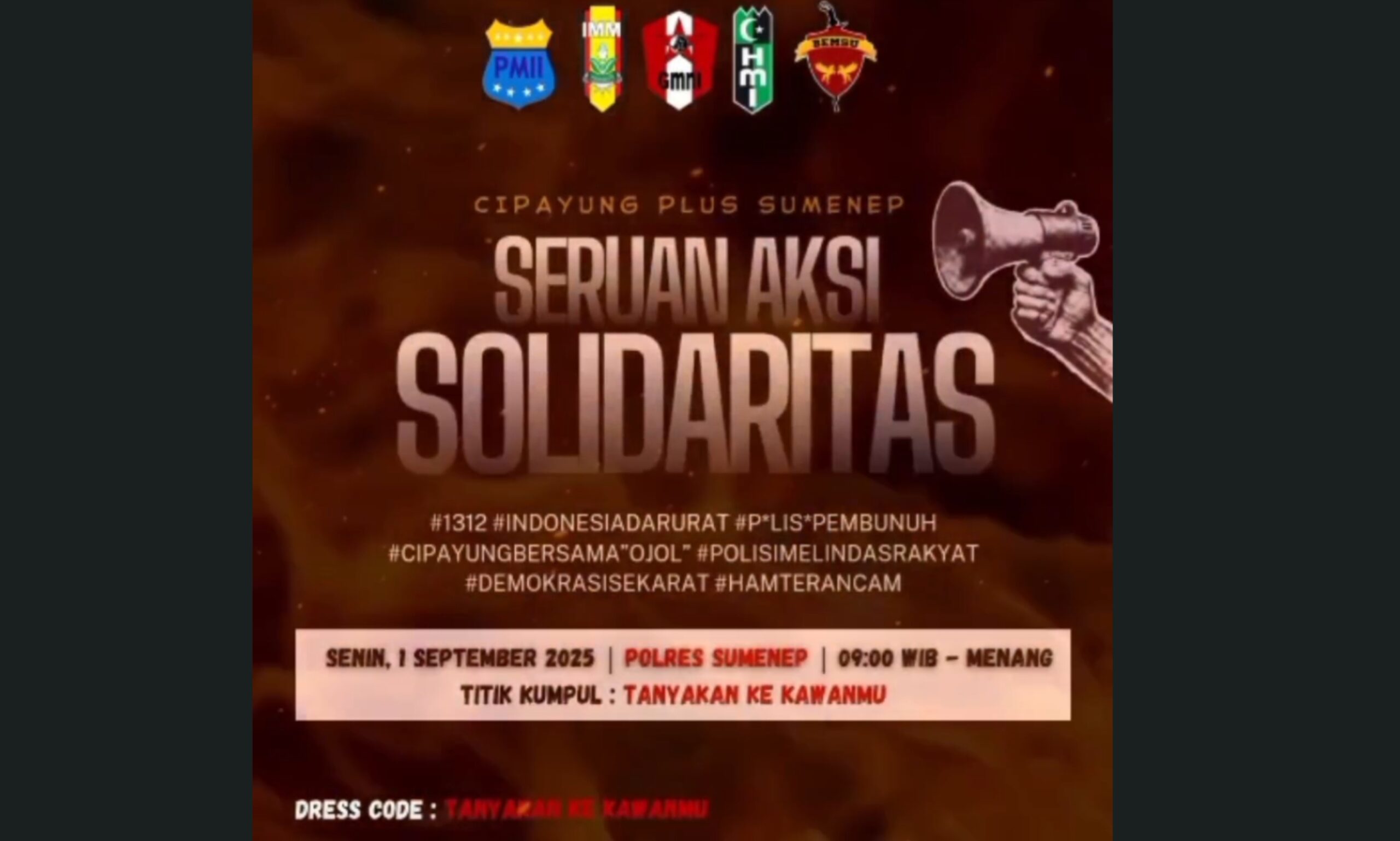 Pamflet Cipayung Plus Kabupaten Sumenep akan menggelar aksi solidaritas di depan Polres Sumenep, Senin (1/9/2025) pukul 09.00 WIB. (Foto: Ari/Doc. Dimadura).