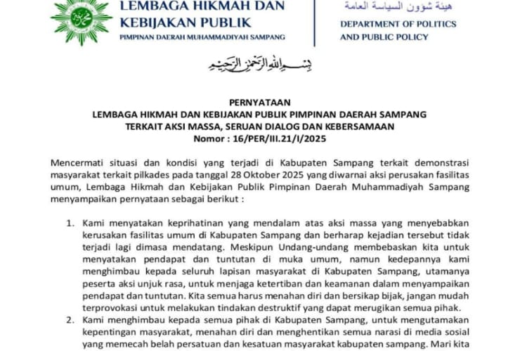 Surat pernyataan LHKP Muhammadiyah Sampang pasca aksi demonstrasi Pilkades (Dok. dimadura.id)