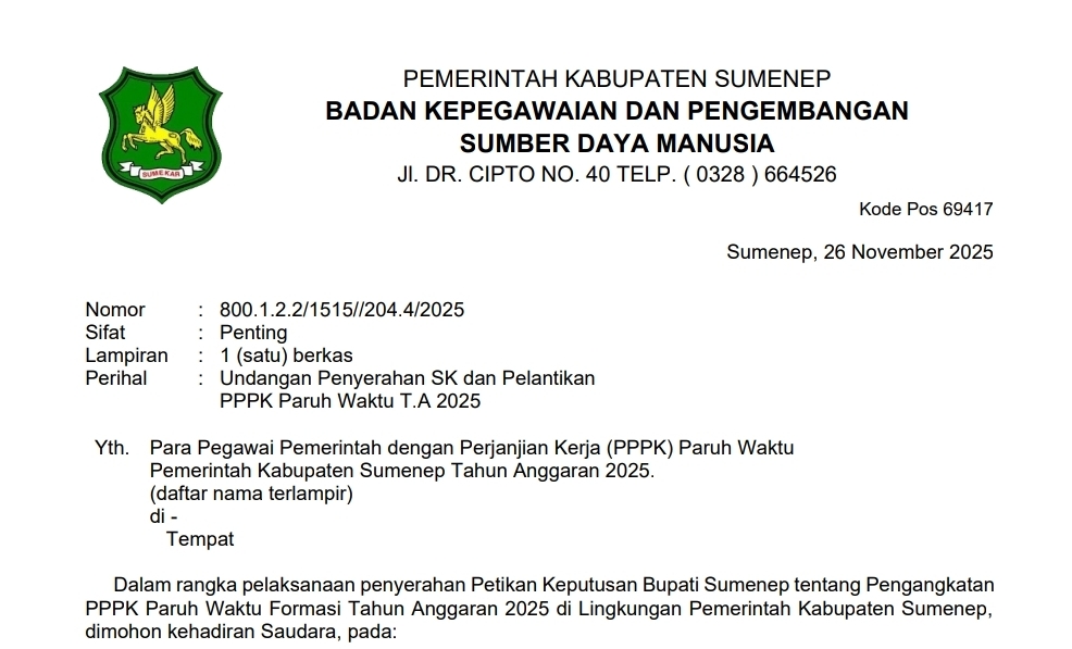Tangkap Layar Kop Surat Undangan Penyerahan Petikan SK dan Pelantikan PPPK Paruh Waktu Sumenep 2025 yang dikeluarkan BKPSDM Sumenep