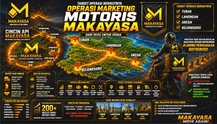 Ilustrasi visual strategi distribusi Rokok Makayasa di Jawa Timur dengan peta wilayah operasional, jalur distribusi bercahaya, serta motoris Makayasa sebagai simbol ekspansi market.